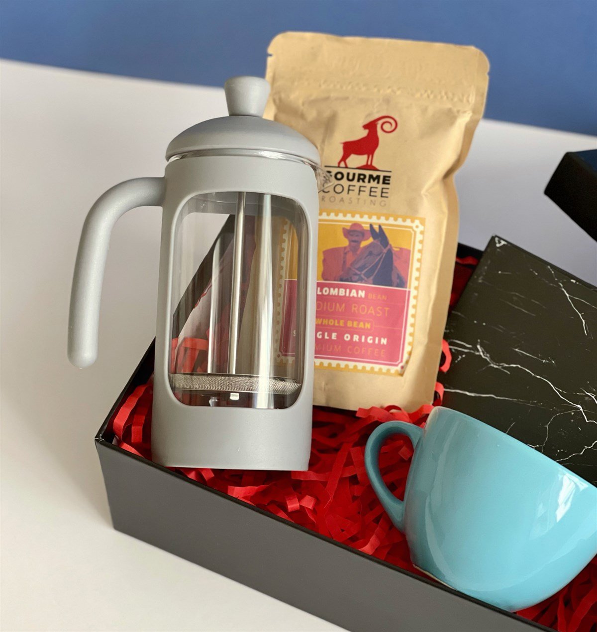 Siyah Mermer Tasarımlı Mini Albüm Mavi Çay Fincanı Filtre Kahve Ve French Press Hediye SetigiftmodaGmhs100802