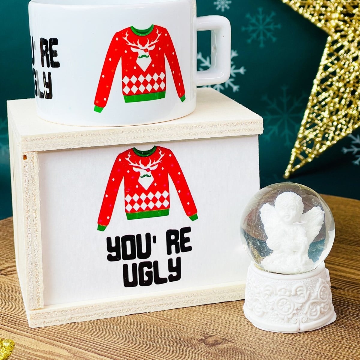  You're Ugly Yılbaşı Tasarımlı Kutulu Kupa Ve Mini Beyaz Melek Kar Küresi SetgiftmodaGmhs101273
