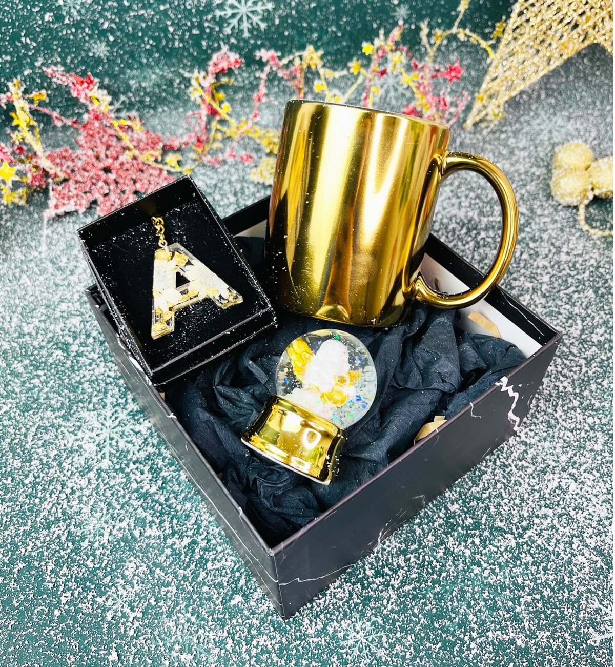 Altınyaldızlı Melek Kar Küresi Gold Kupa Ve Epoksi Anahtarlık Hediye SetigiftmodaGmhs101315