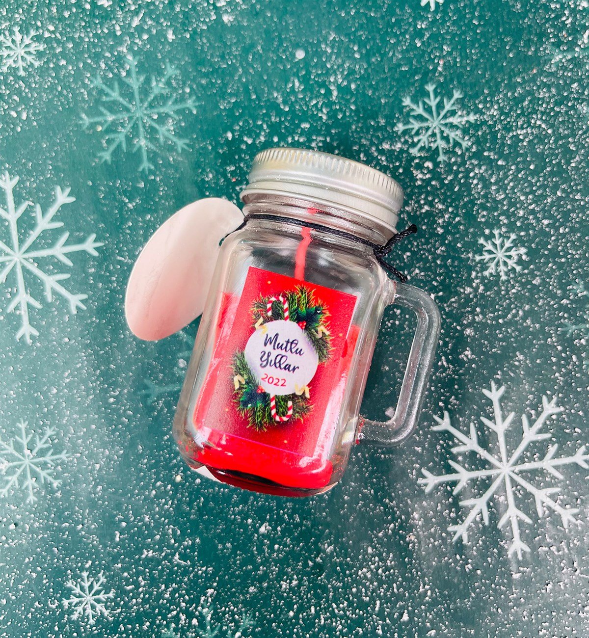 Kırmızı Yeni Yıl Tasarımlı Kupa Baston Şeker Ve Kokulu Mum Yılbaşı SetigiftmodaGmhs101312