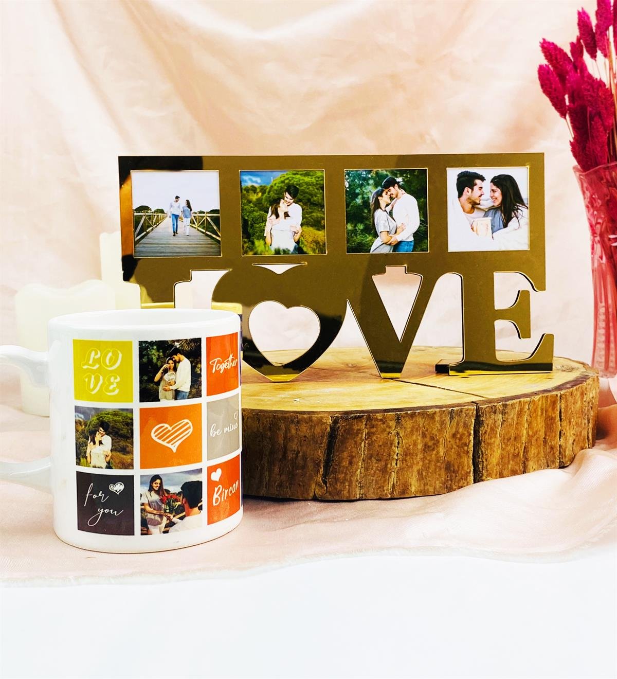 Kişiye Özel Fotoğraflı Gold Love Çerçeve Ve Kupa SetgiftmodaGmhs101958