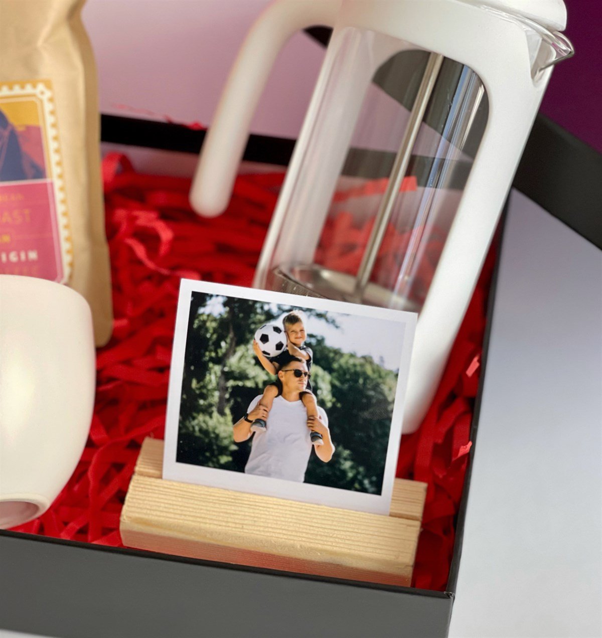 Kişiye Özel Ahşap Standlı Fotoğraf Beyaz Çay Fincanı Filtre Kahve Ve French Press Hediye SetigiftmodaGmhs100806