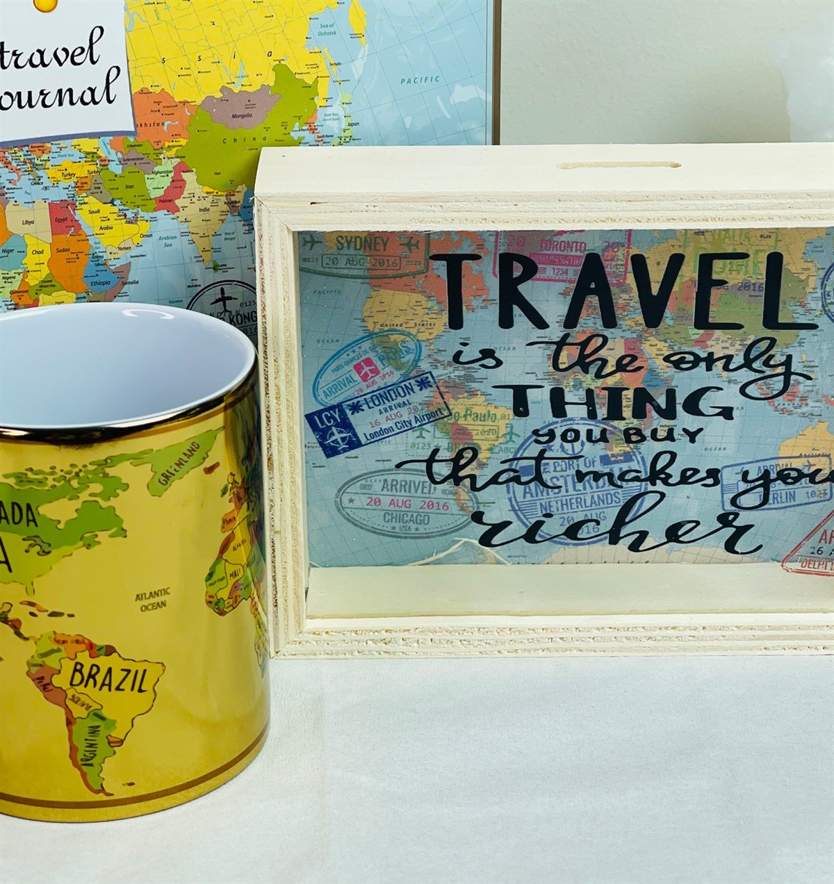 Travel Journal Tasarımlı Albüm Ahşap Kumbara Ve Dünya Haritası Gold Kupa SetgiftmodaGmhs101230