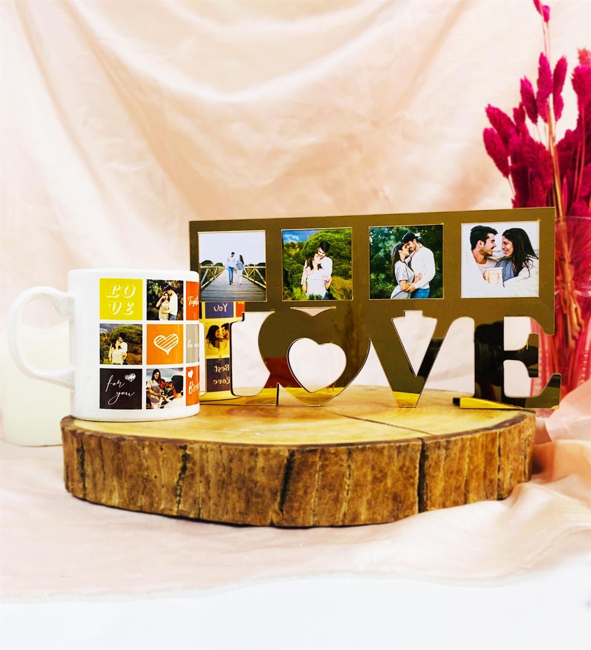 Kişiye Özel Fotoğraflı Gold Love Çerçeve Ve Kupa SetgiftmodaGmhs101958