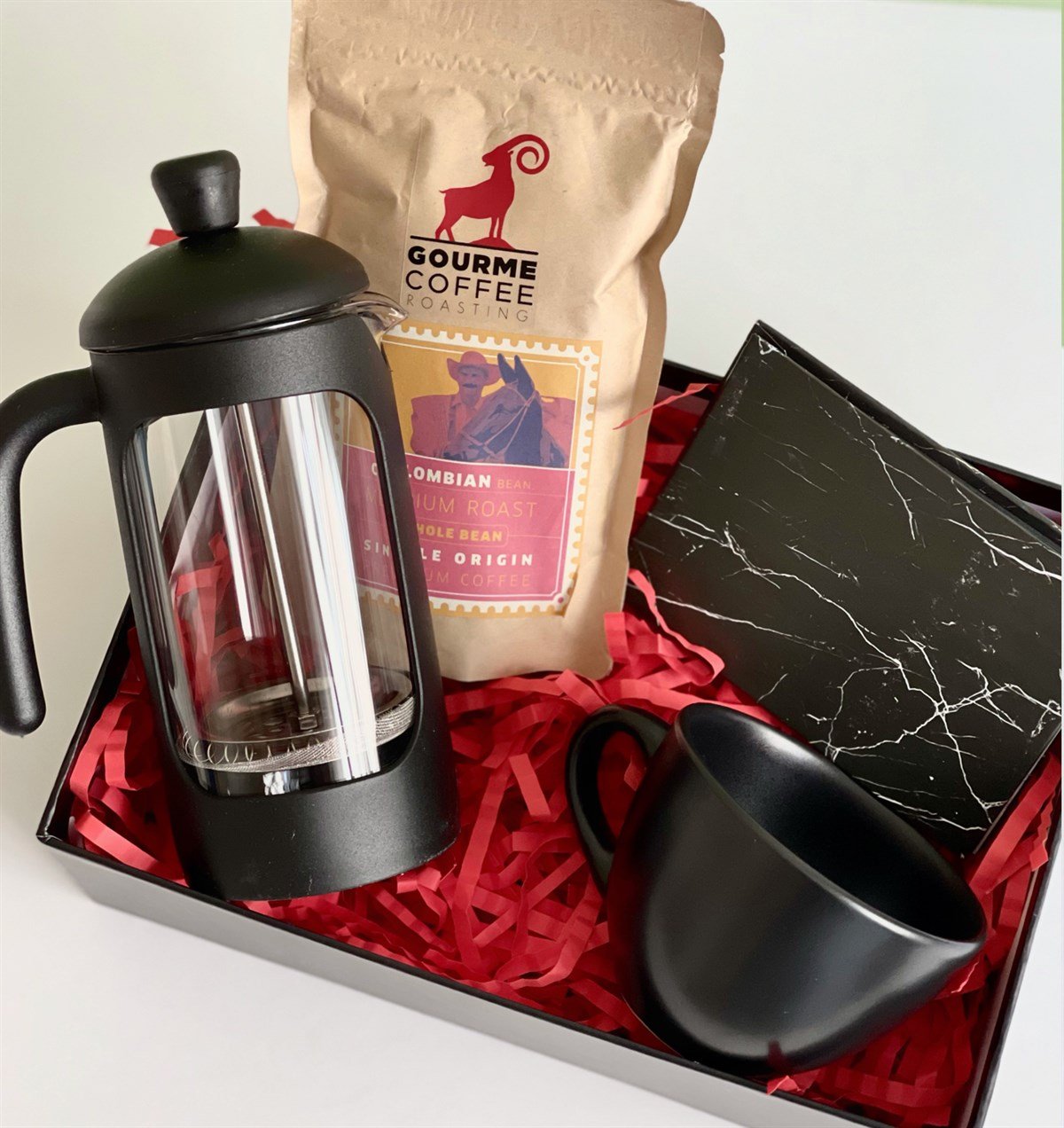 Siyah Mermer Tasarımlı Mini Albüm Siyah Çay Fincanı Filtre Kahve Ve French Press Hediye SetigiftmodaGmhs100805