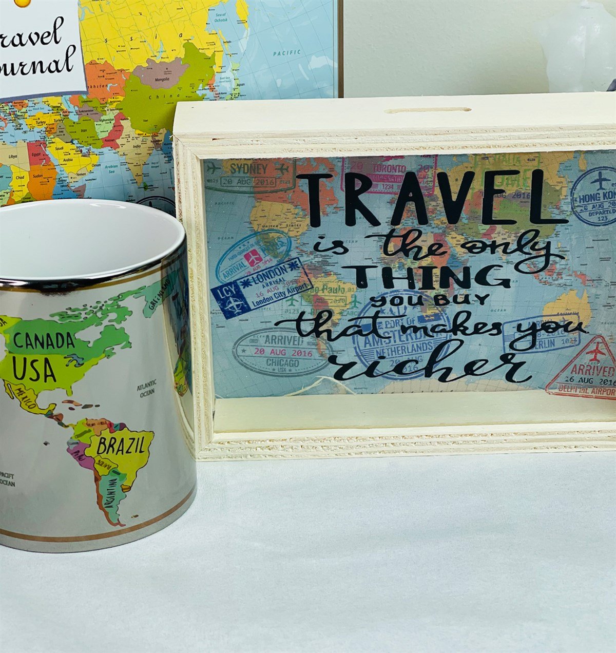 Travel Journal Tasarımlı Albüm Ahşap Kumbara Ve Dünya Haritası Gümüş Kupa SetgiftmodaGmhs101231