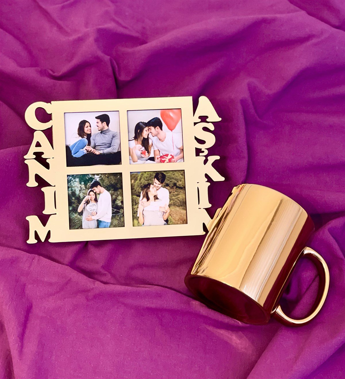 Canım Aşkım 4 Fotoğraf Standlı Mdf Gold Çerçeve Ve Gold Kupa SetgiftmodaGmhs100551-Gmfc100034-Gmkp100158
