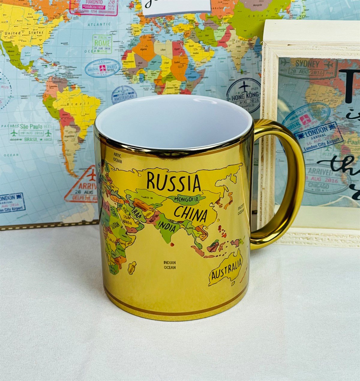 Travel Journal Tasarımlı Albüm Ahşap Kumbara Ve Dünya Haritası Gold Kupa SetgiftmodaGmhs101230