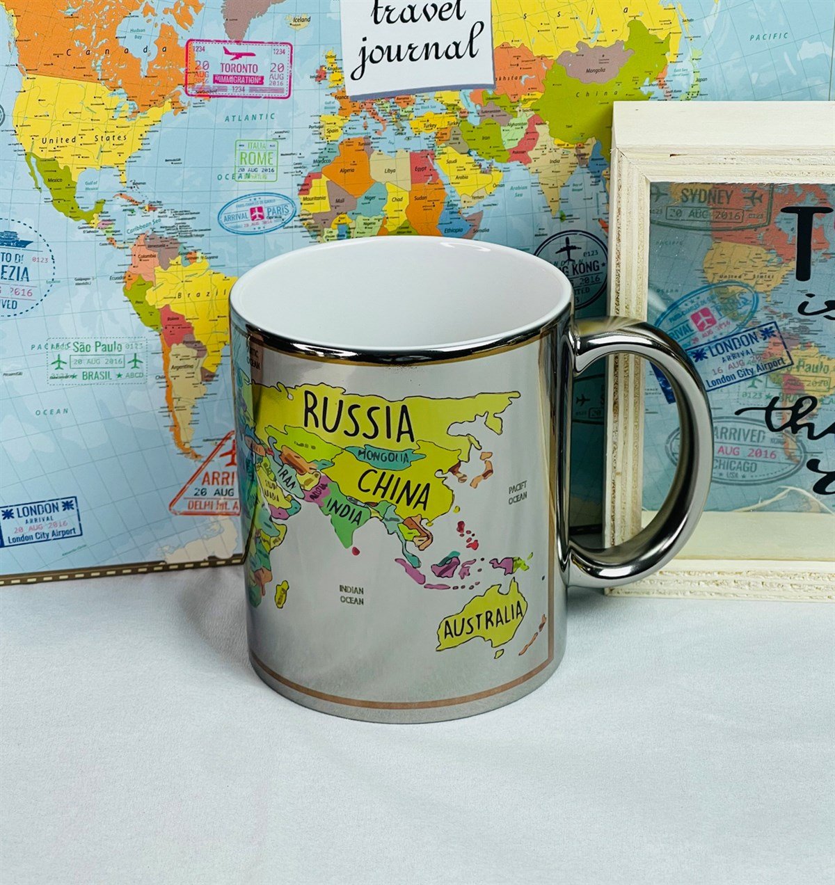 Travel Journal Tasarımlı Albüm Ahşap Kumbara Ve Dünya Haritası Gümüş Kupa SetgiftmodaGmhs101231