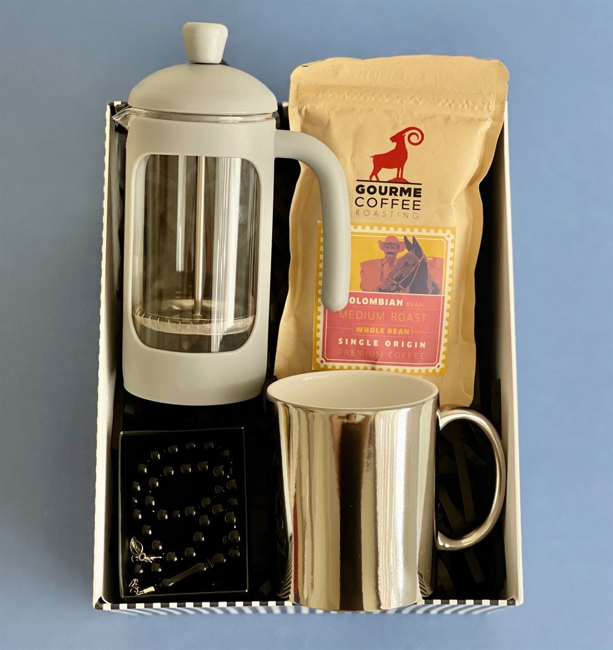Özel Kutulu Filtre Kahve French Press Gümüş Kupa Ve Siyah Tesbih Babalara Özel Hediye SetigiftmodaGmhs1007829
