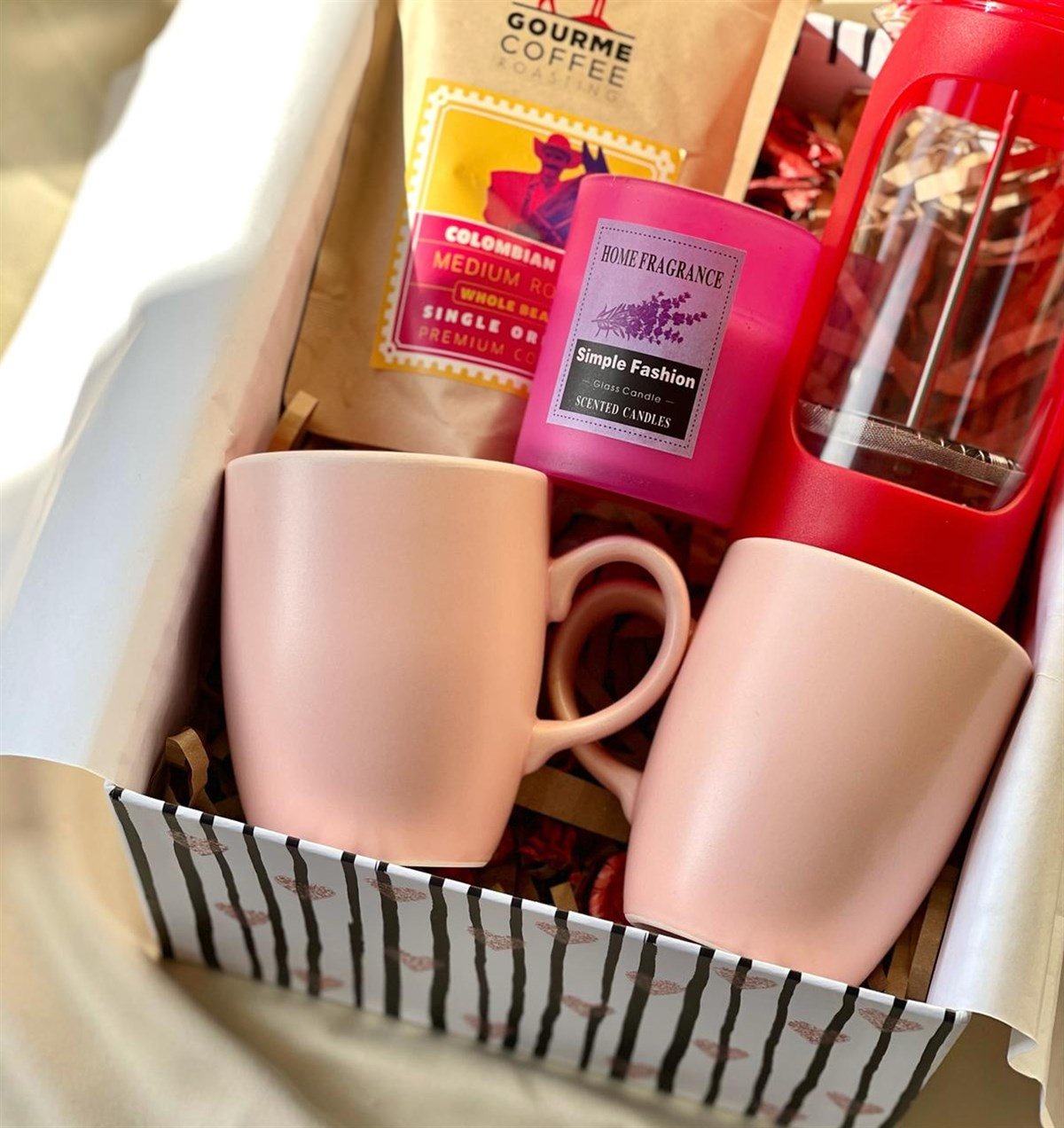 Pembe 2'li bulut Kupa Kırmızı French Press Filtre Kahve Ve Kokulu Mum SetgiftmodaGmhs100751