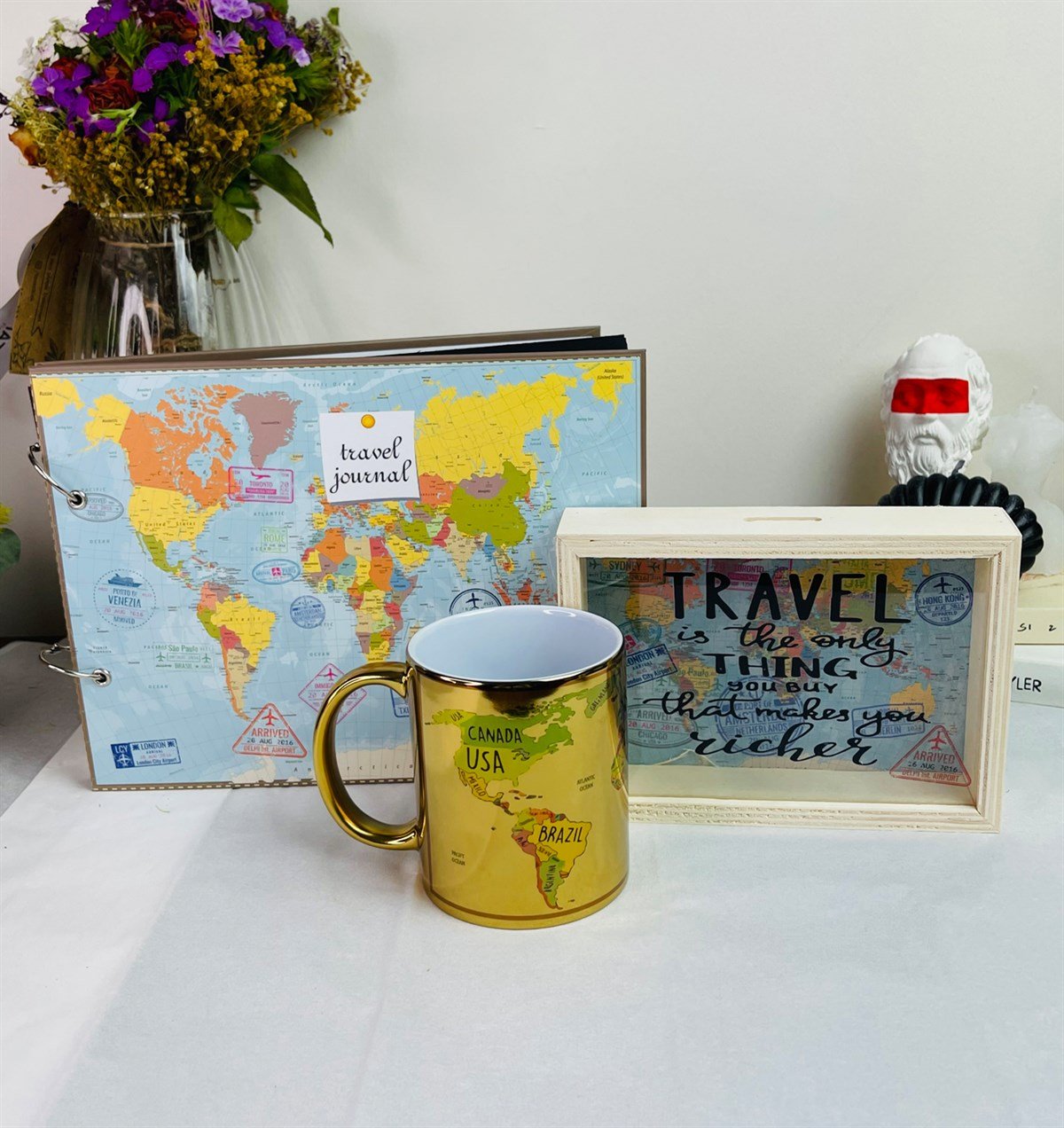 Travel Journal Tasarımlı Albüm Ahşap Kumbara Ve Dünya Haritası Gold Kupa SetgiftmodaGmhs101230