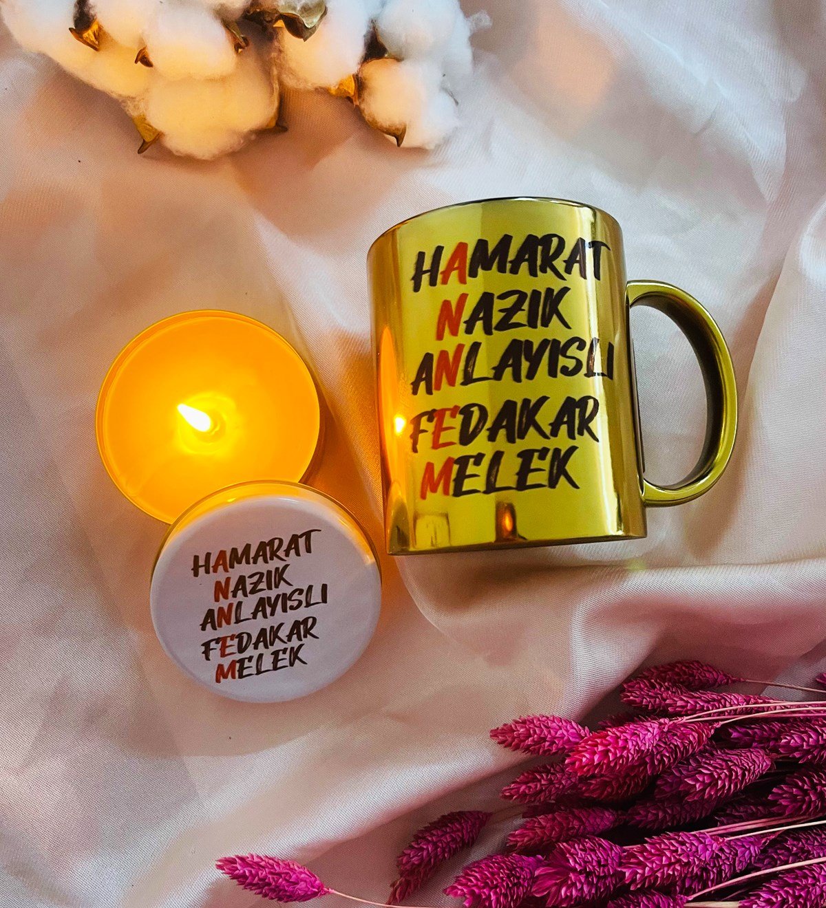 Anne Tasarımlı Kokulu Mum Ve Gold Kupa Set giftmodaGmhs101628