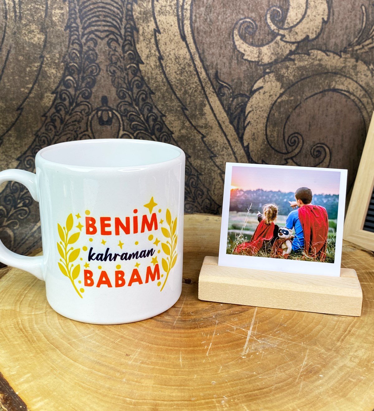 Benim Kahraman Babam Tasarımlı Kupa Ve Ahşap Fotoğraf Tutucu SetgiftmodaGmhs101745