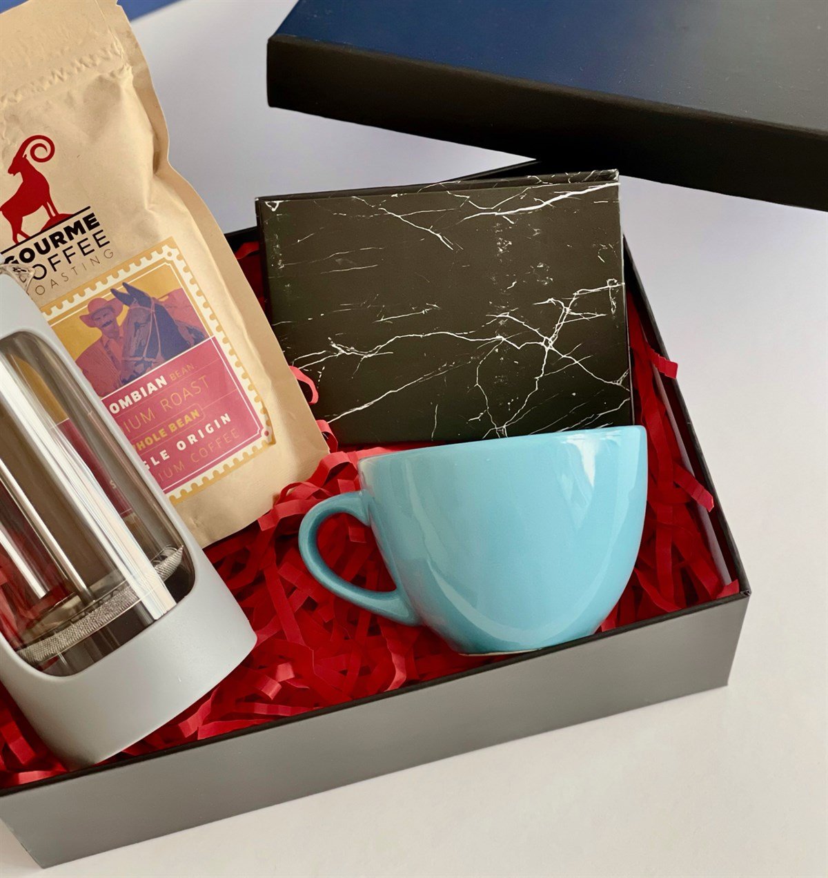 Siyah Mermer Tasarımlı Mini Albüm Mavi Çay Fincanı Filtre Kahve Ve French Press Hediye SetigiftmodaGmhs100802