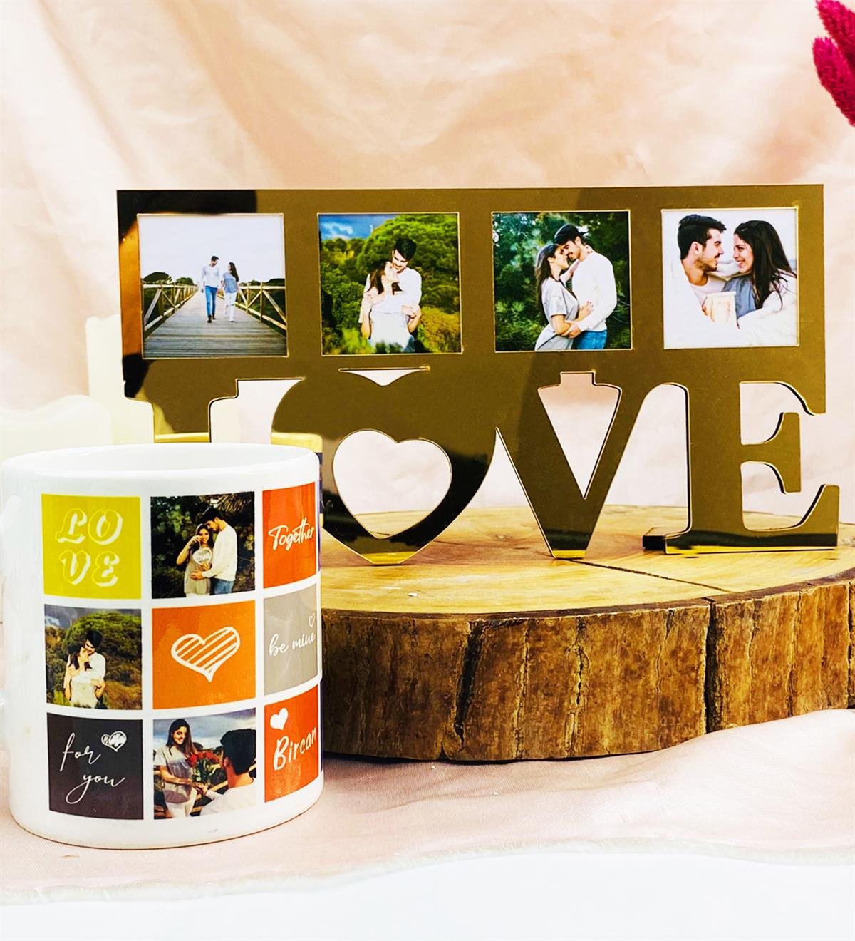 Kişiye Özel Fotoğraflı Gold Love Çerçeve Ve Kupa SetgiftmodaGmhs101958