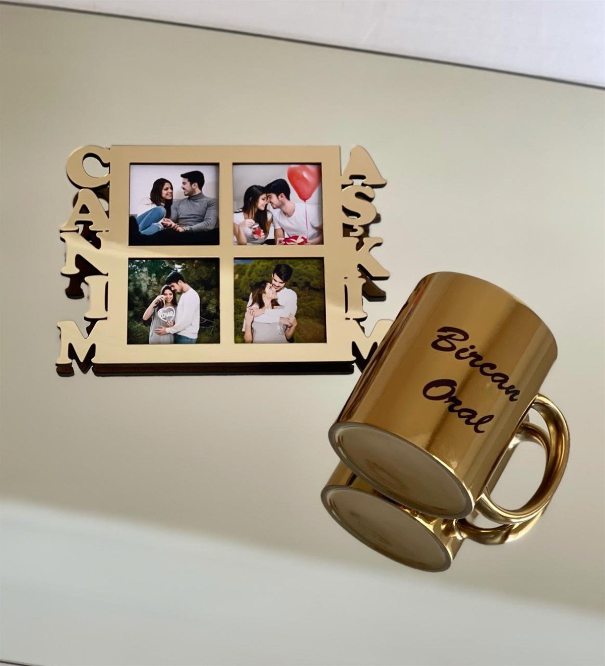 Kişiye Özel Canım Aşkım 4 Fotoğraf Standlı Mdf Gold Çerçeve Ve Gold Kupa SetgiftmodaGmhs100520-Gmfc100034-Gmkp100155