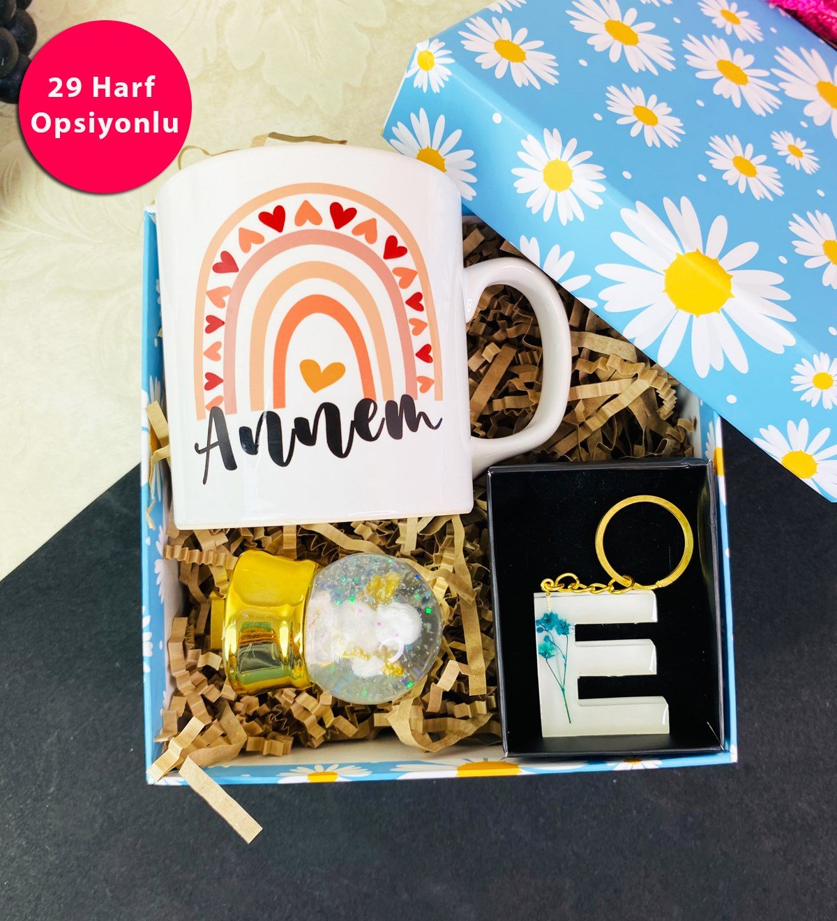 Çiçekli Epoksi Anahtarlık Ve Gökkuşağı Anne Tasarımlı Kupa SetgiftmodaGmhs101648