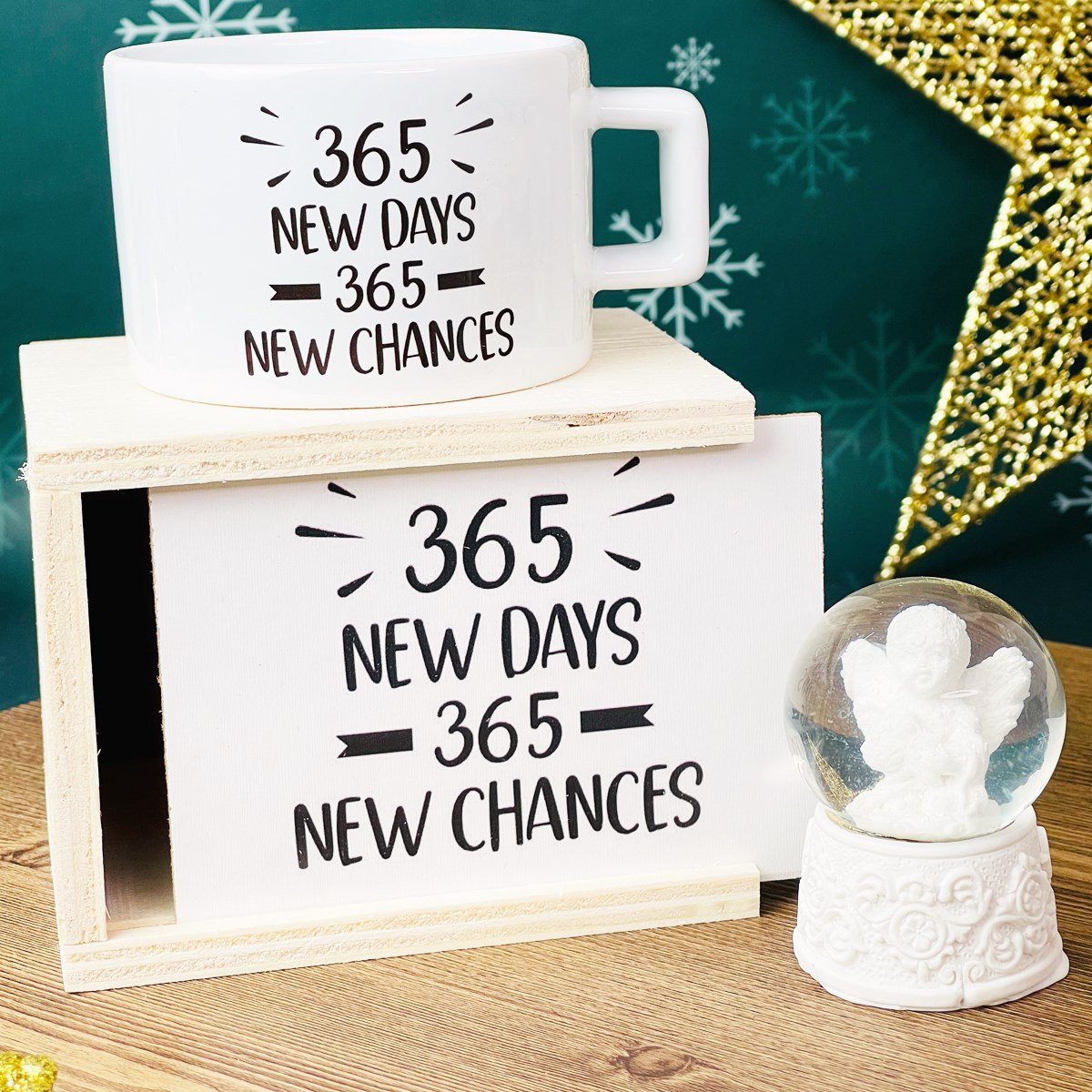  365 Yeni Gün 365 Yeni Şans Yılbaşı Tasarımlı Kutulu Kupa Ve Mini Beyaz Melek Kar Küresi SetgiftmodaGmhs101274