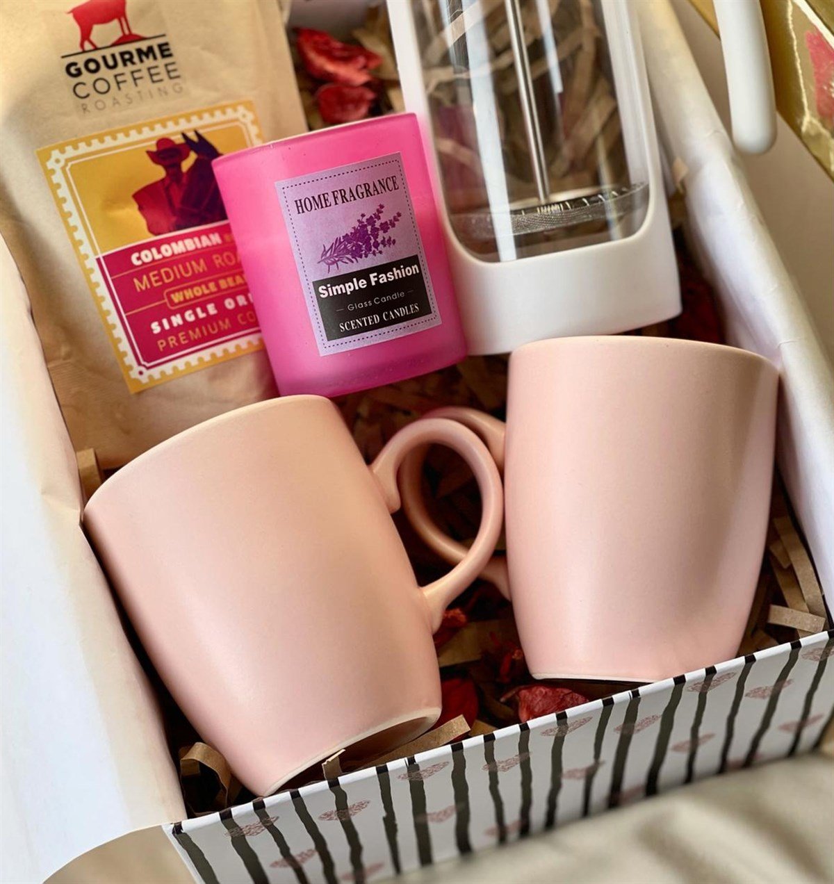 Pembe 2'li bulut Kupa Beyaz French Press Filtre Kahve Ve Kokulu Mum SetgiftmodaGmhs100745