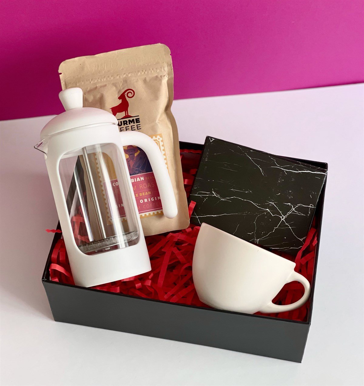 Siyah Mermer Tasarımlı Mini Albüm Beyaz Çay Fincanı Filtre Kahve Ve French Press Hediye SetigiftmodaGmhs100807
