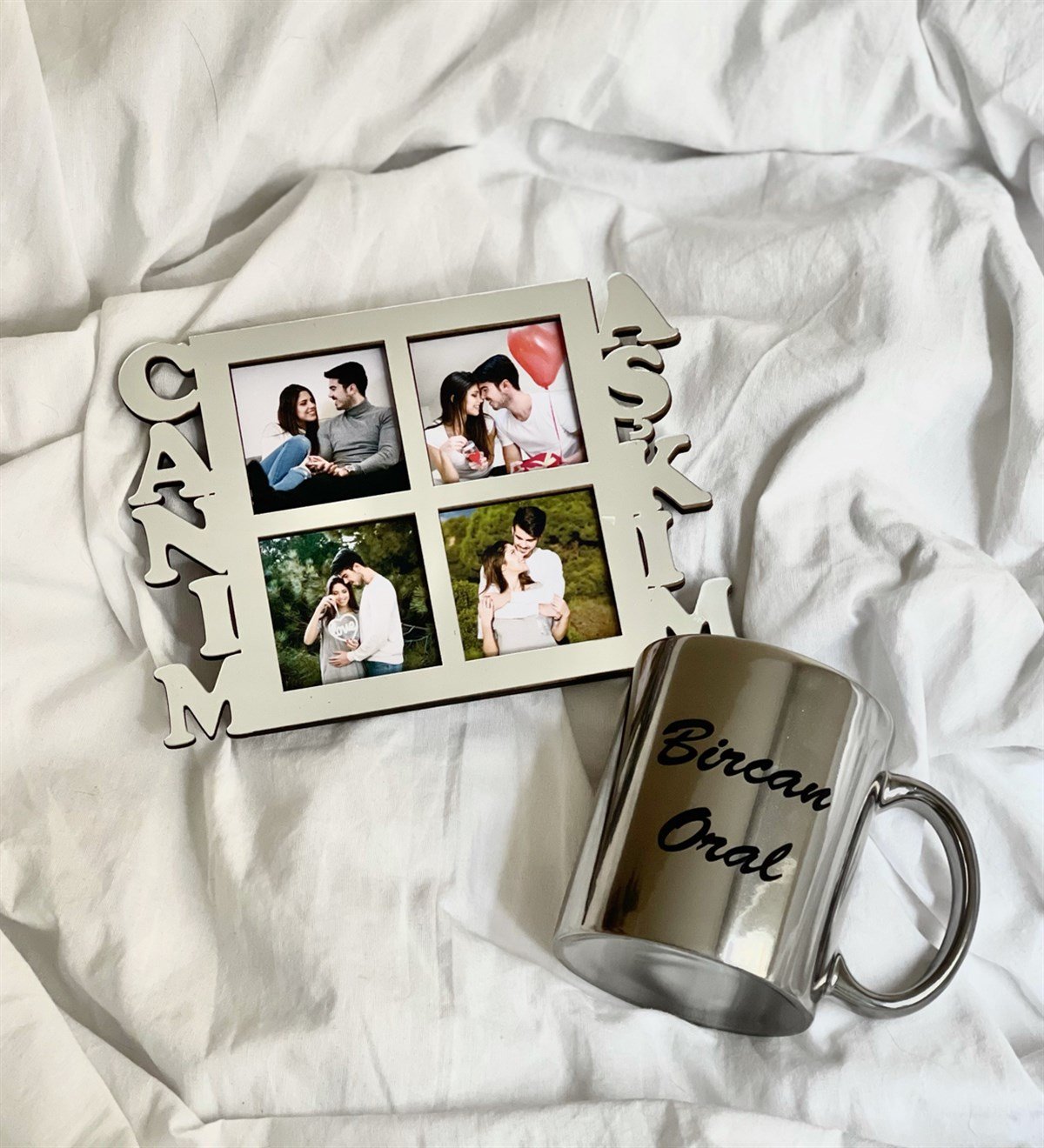 Kişiye Özel 4 Fotoğraflı Canım Aşkım Mdf Çerçeve Gümüş Ve Gümüş Kupa SetgiftmodaGmhs100539-Gmfc100039-Gmkp100155