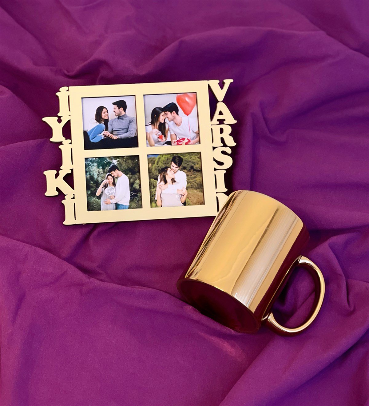 İyiki Varsın 4 Fotoğraf Standlı Mdf Gold Çerçeve Ve Gold Kupa SetgiftmodaGmhs100552-Gmfc100037-Gmkp100158
