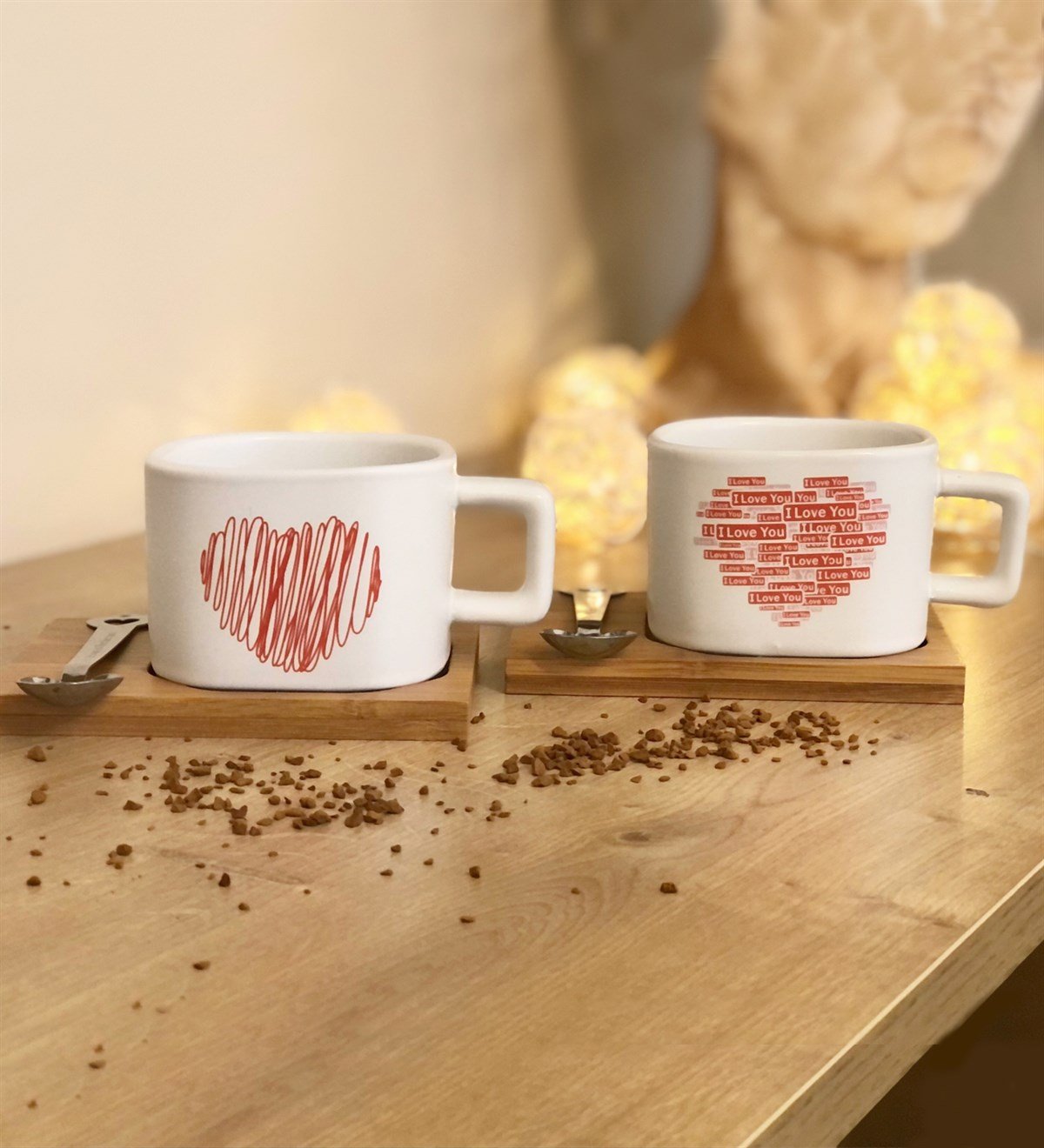 I Love You Tasarımlı 2'li Ahşap Standlı Kupa SetGiftmodaGmhs100002