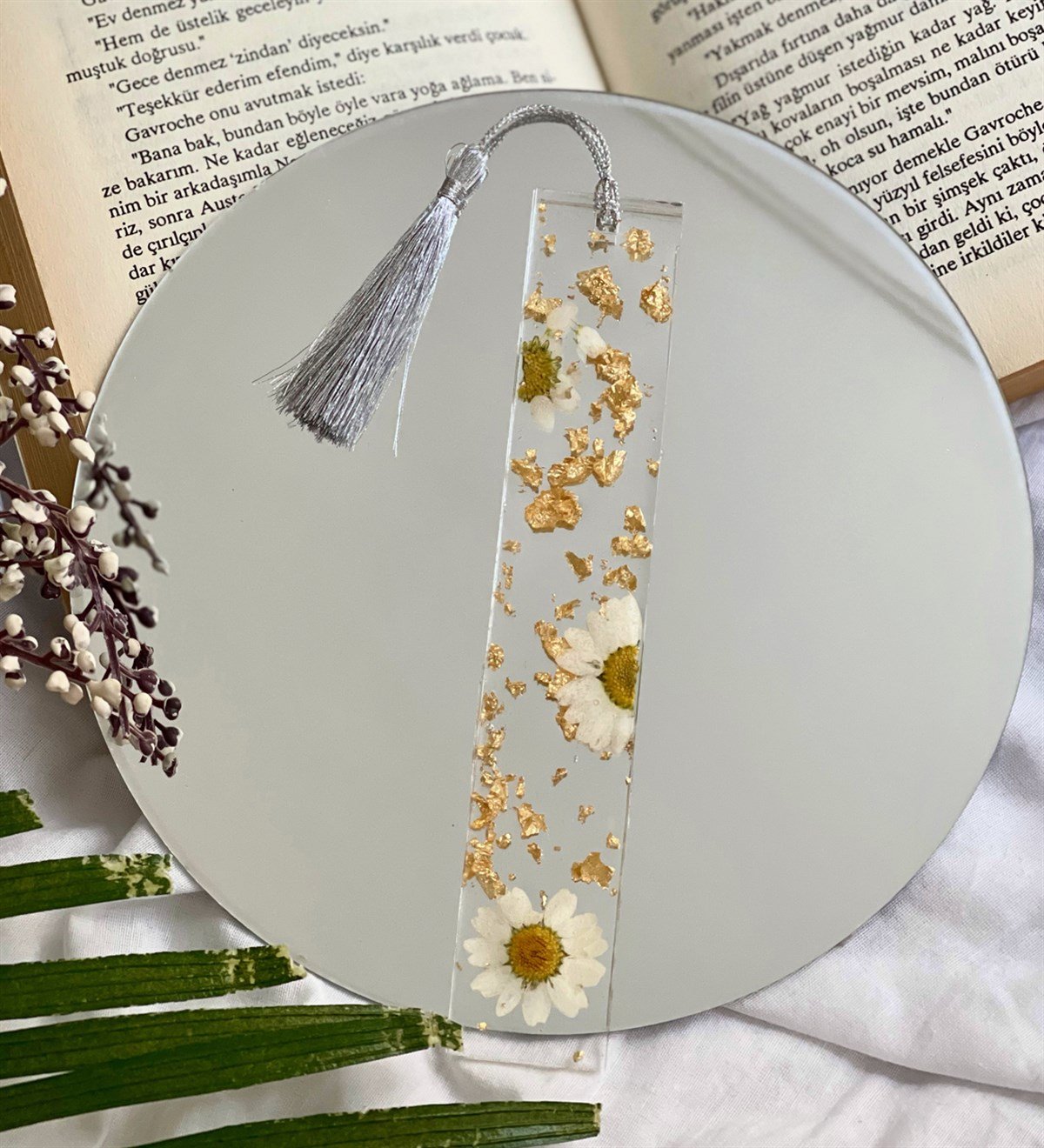 Özel Gerçek Kurutulmuş Çiçekli Gold Epoksi Kitap AyracıGiftmodaGman100012
