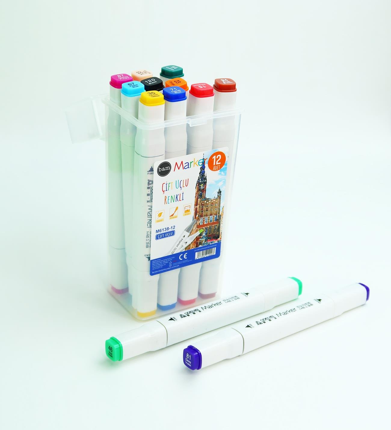 Bam Çift Taraflı 12'li Marker Kalem Seti – Taşıma KutulugiftmodaBM-1816-12	