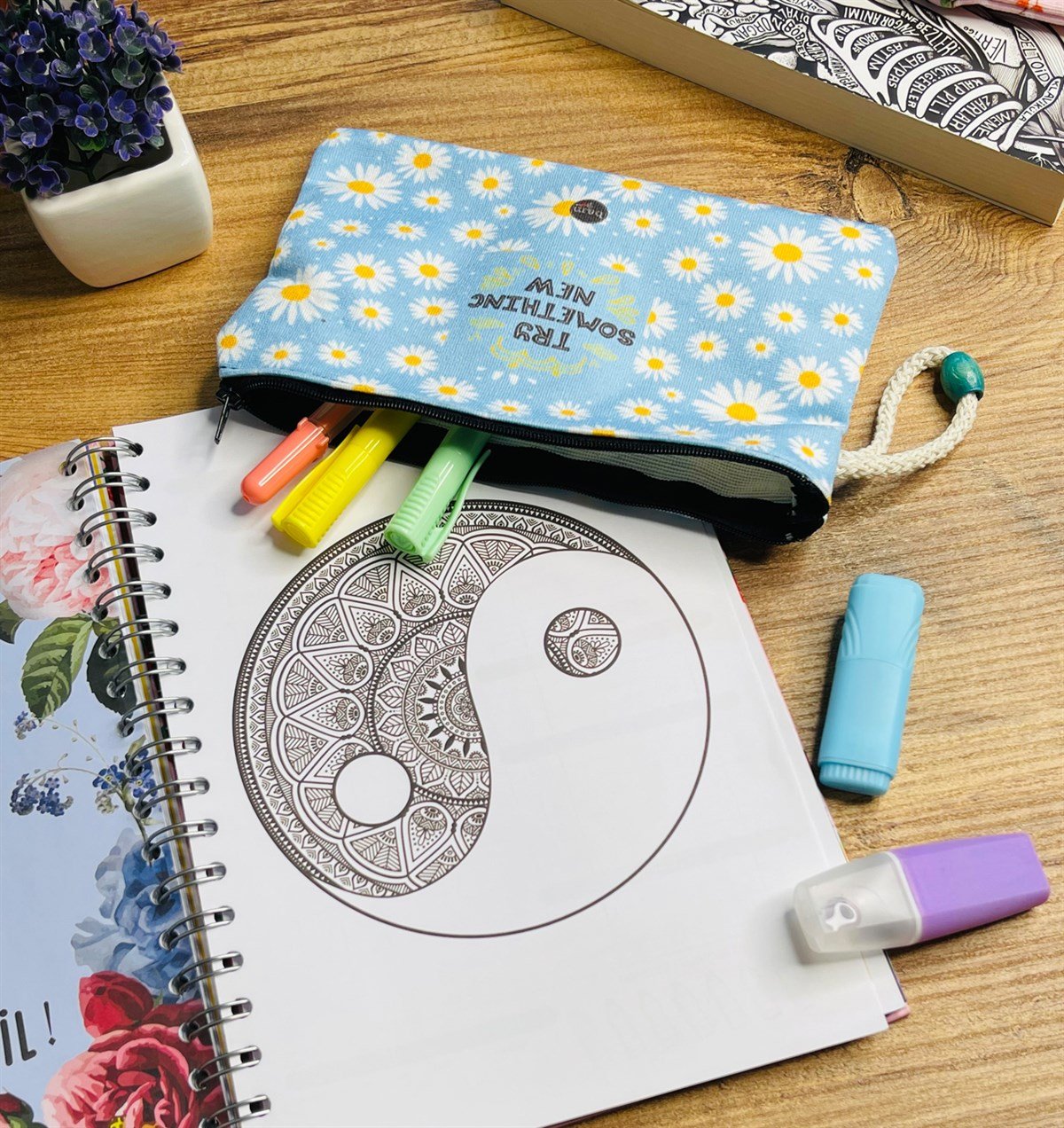 Mavi Papatya Tasarımlı Bez Kalemlik CüzdangiftmodaGmklm100027