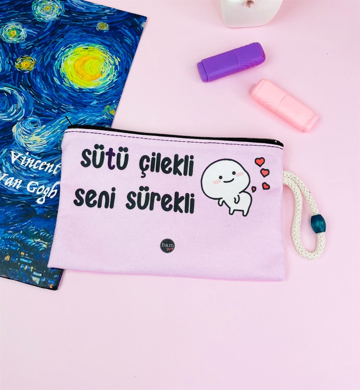 Sütü Çilekli Seni Sürekli Tasarımlı Bez Kalemlik CüzdangiftmodaGmklm100053