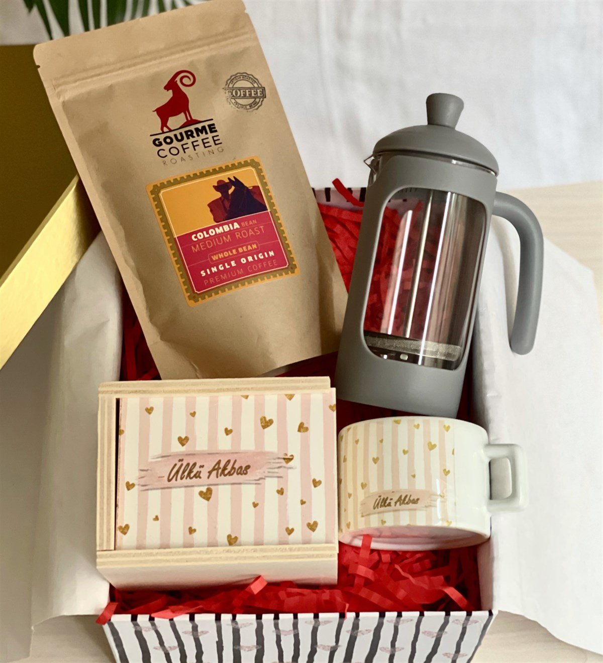 Kişiye Özel Altın Işıltılı Kalp French Press & Filtre Kahveli Sevgiliye Hediye SetiGiftmodaGmhs100182