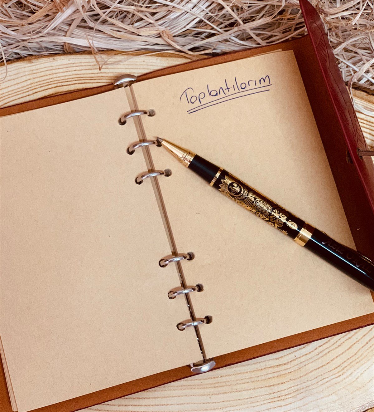 Kişiye Özel Altın Kabartmalı Osmanlı Tuğralı Kalem Ve Yaprak Tasarımlı Deri Hatıra Defteri SetiGiftmodaOsmanlı-defter-kalem