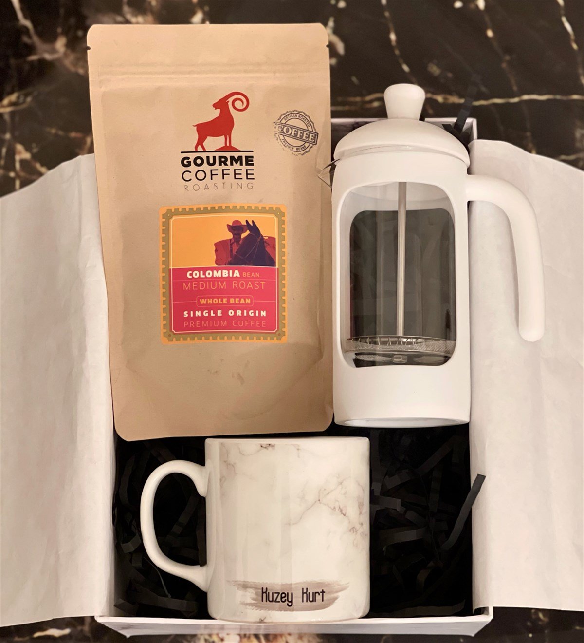 Kişiye Özel Beyaz Mermer French Press & Filitre Kahve Sevgiliye Hediye SetiGiftmodaGmhs100209