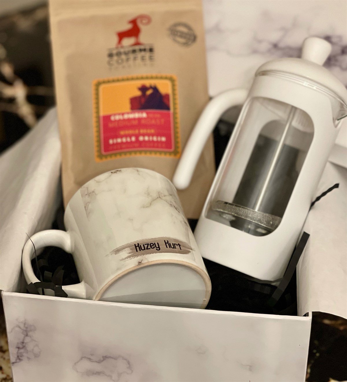 Kişiye Özel Beyaz Mermer French Press & Filitre Kahve Sevgiliye Hediye SetiGiftmodaGmhs100209