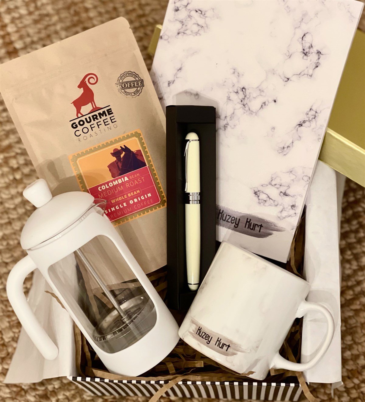 Kişiye Özel Beyaz Mermer French Press & Filtre Kahveli Sevgiliye Hediye SetiGiftmodaGmhs100187