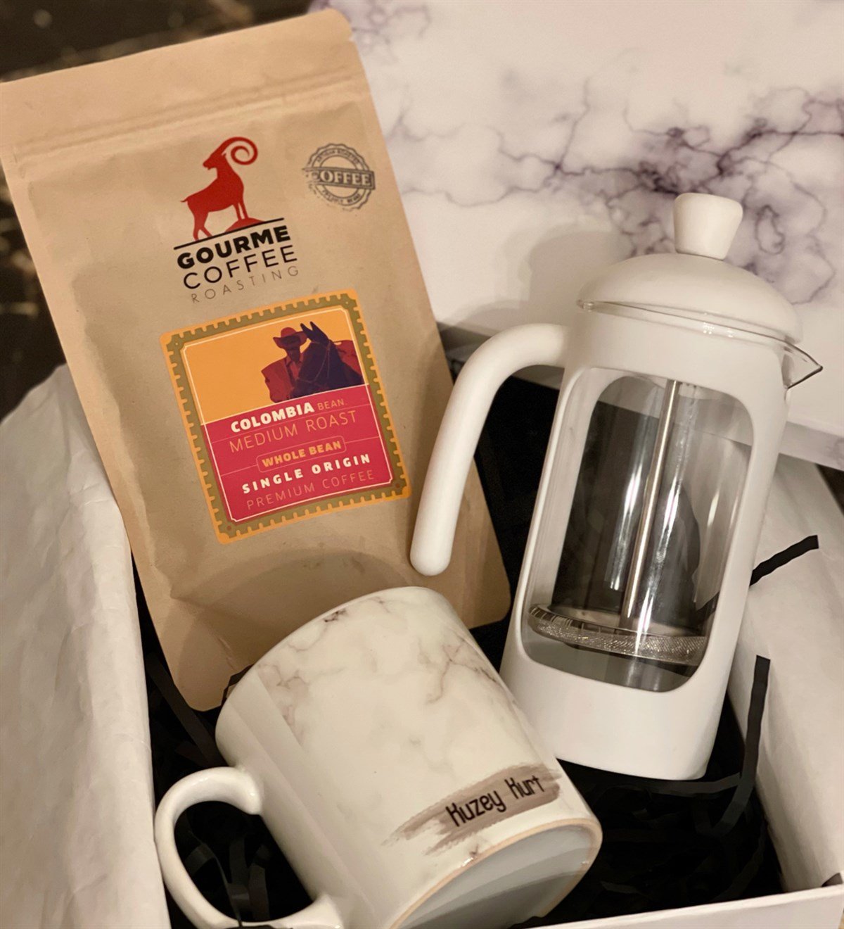 Kişiye Özel Beyaz Mermer French Press & Filitre Kahve Sevgiliye Hediye SetiGiftmodaGmhs100209