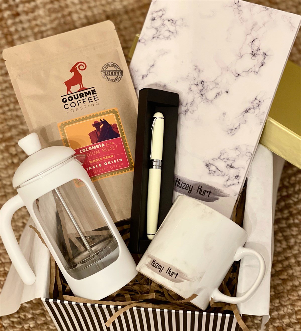 Kişiye Özel Beyaz Mermer French Press & Filtre Kahveli Sevgiliye Hediye SetiGiftmodaGmhs100187