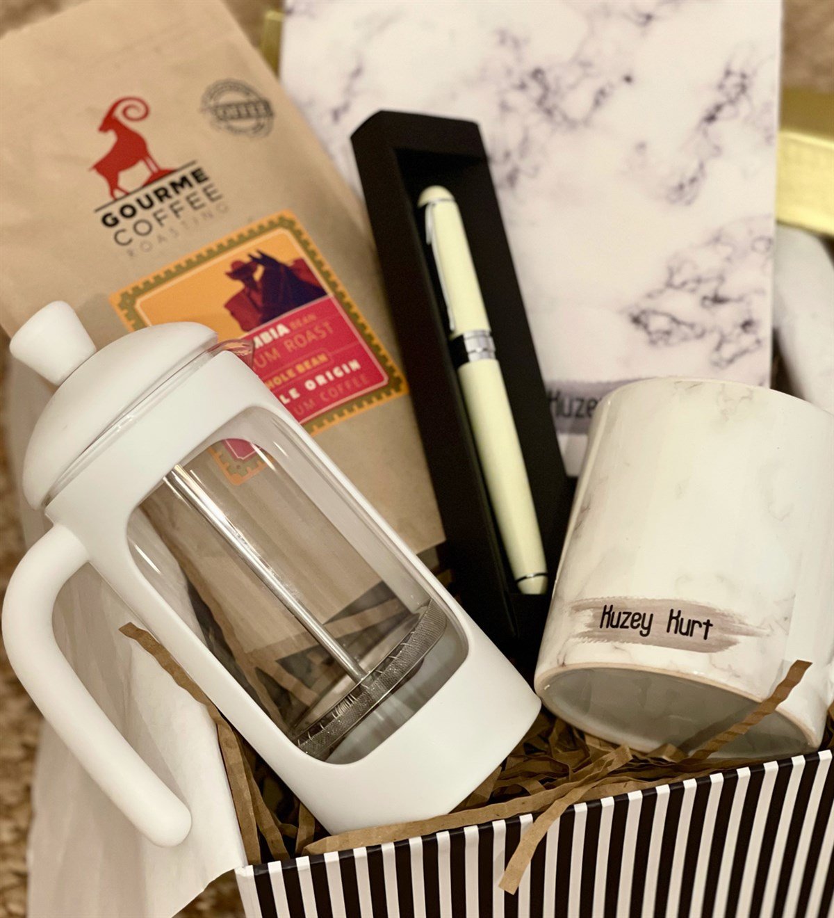 Kişiye Özel Beyaz Mermer French Press & Filtre Kahveli Sevgiliye Hediye SetiGiftmodaGmhs100187