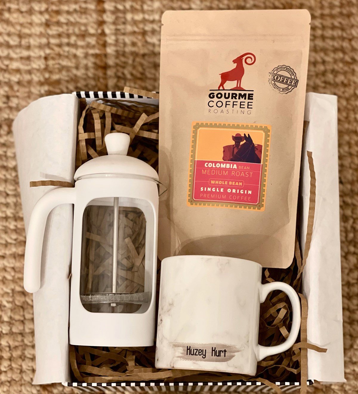 Kişiye Özel Beyaz Mermer French Press & Filtre Kahveli Sevgiliye Hediye SetiGiftmodaGmhs100192