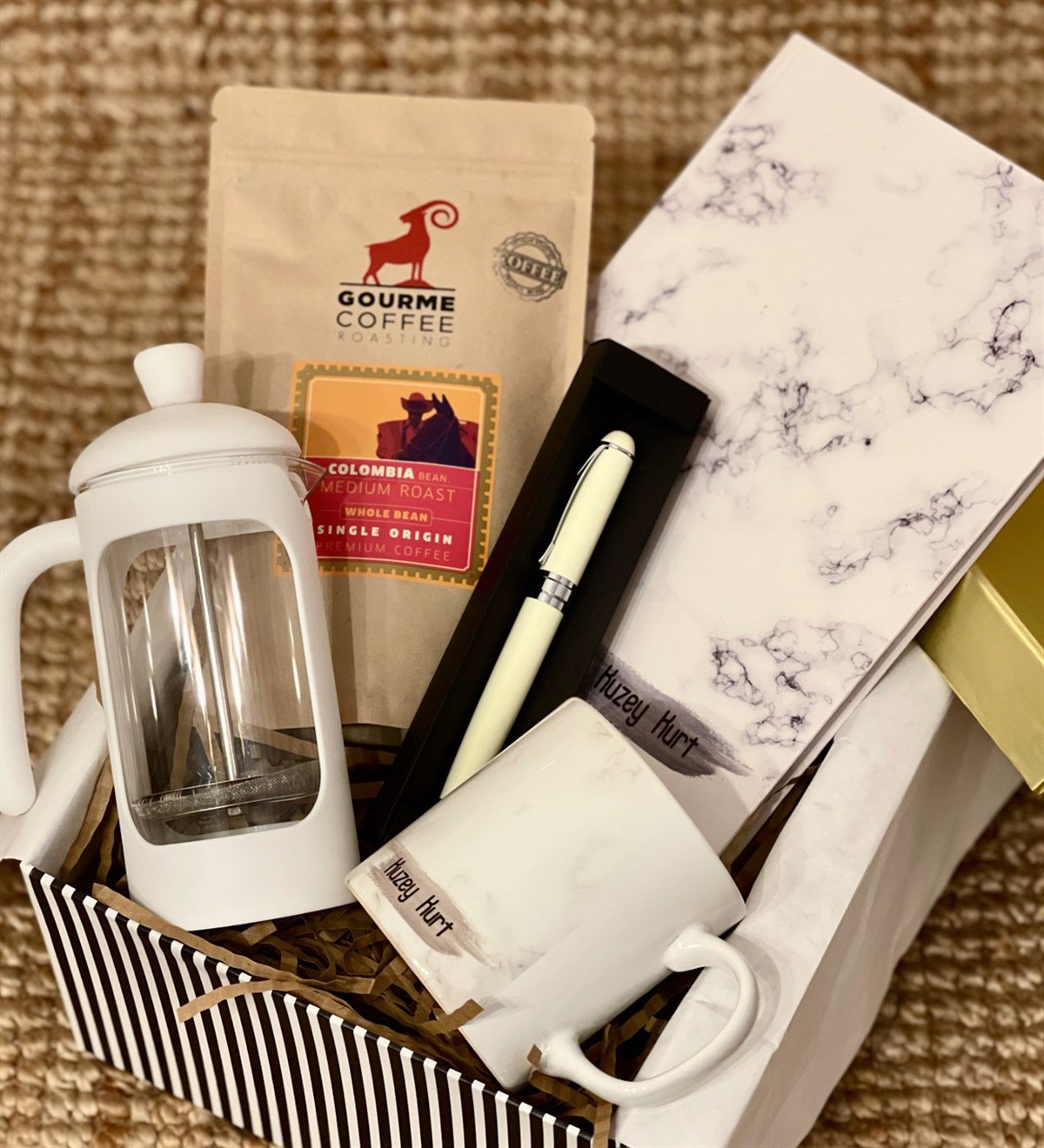 Kişiye Özel Beyaz Mermer French Press & Filtre Kahveli Sevgiliye Hediye SetiGiftmodaGmhs100187