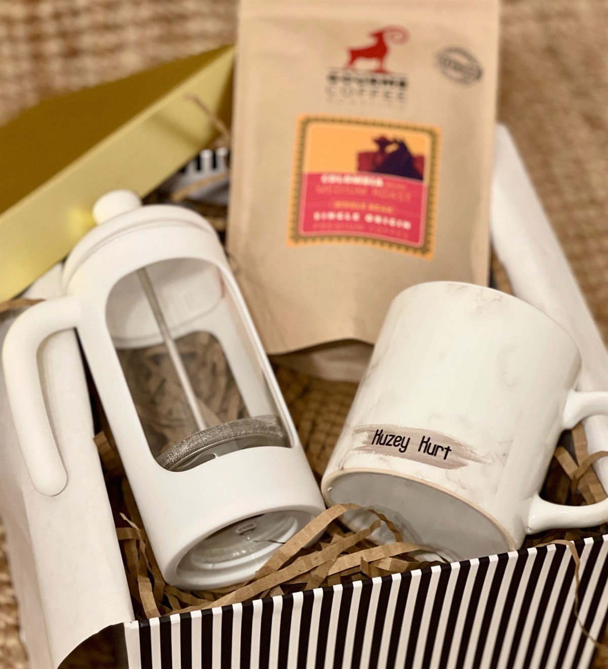 Kişiye Özel Beyaz Mermer French Press & Filtre Kahveli Sevgiliye Hediye SetiGiftmodaGmhs100192