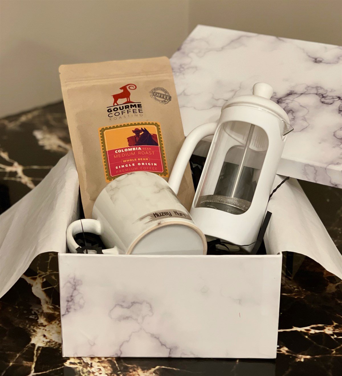 Kişiye Özel Beyaz Mermer French Press & Filitre Kahve Sevgiliye Hediye SetiGiftmodaGmhs100209