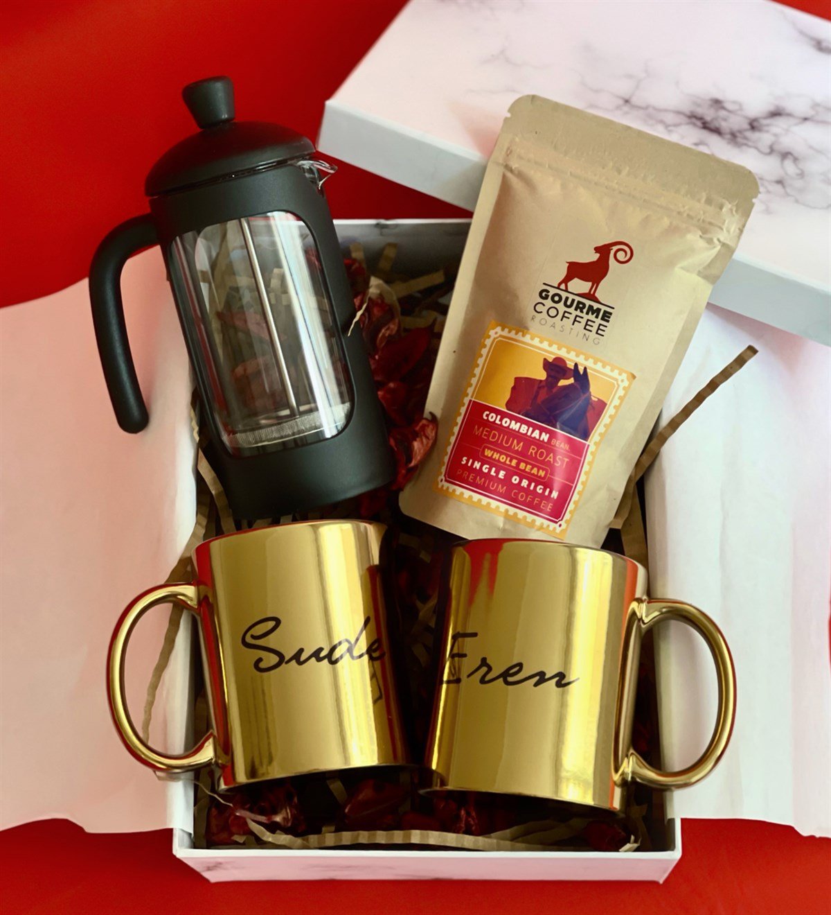 Kişiye Özel Çift Gold Kupa French Press & Filitre Kahve Sevgiliye Hediye SetiGiftmoda Gmhs100330