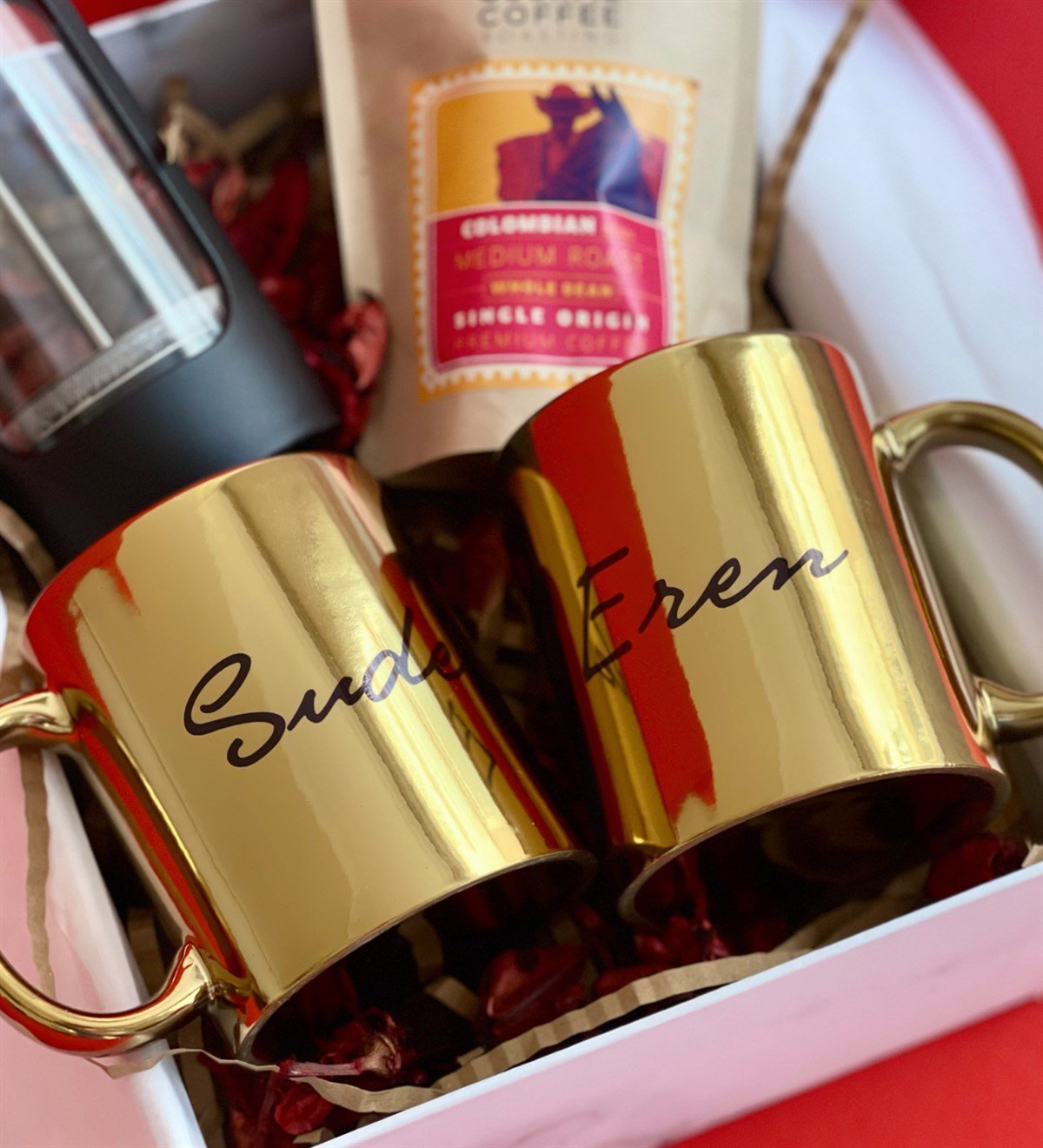 Kişiye Özel Çift Gold Kupa French Press & Filitre Kahve Sevgiliye Hediye SetiGiftmoda Gmhs100330