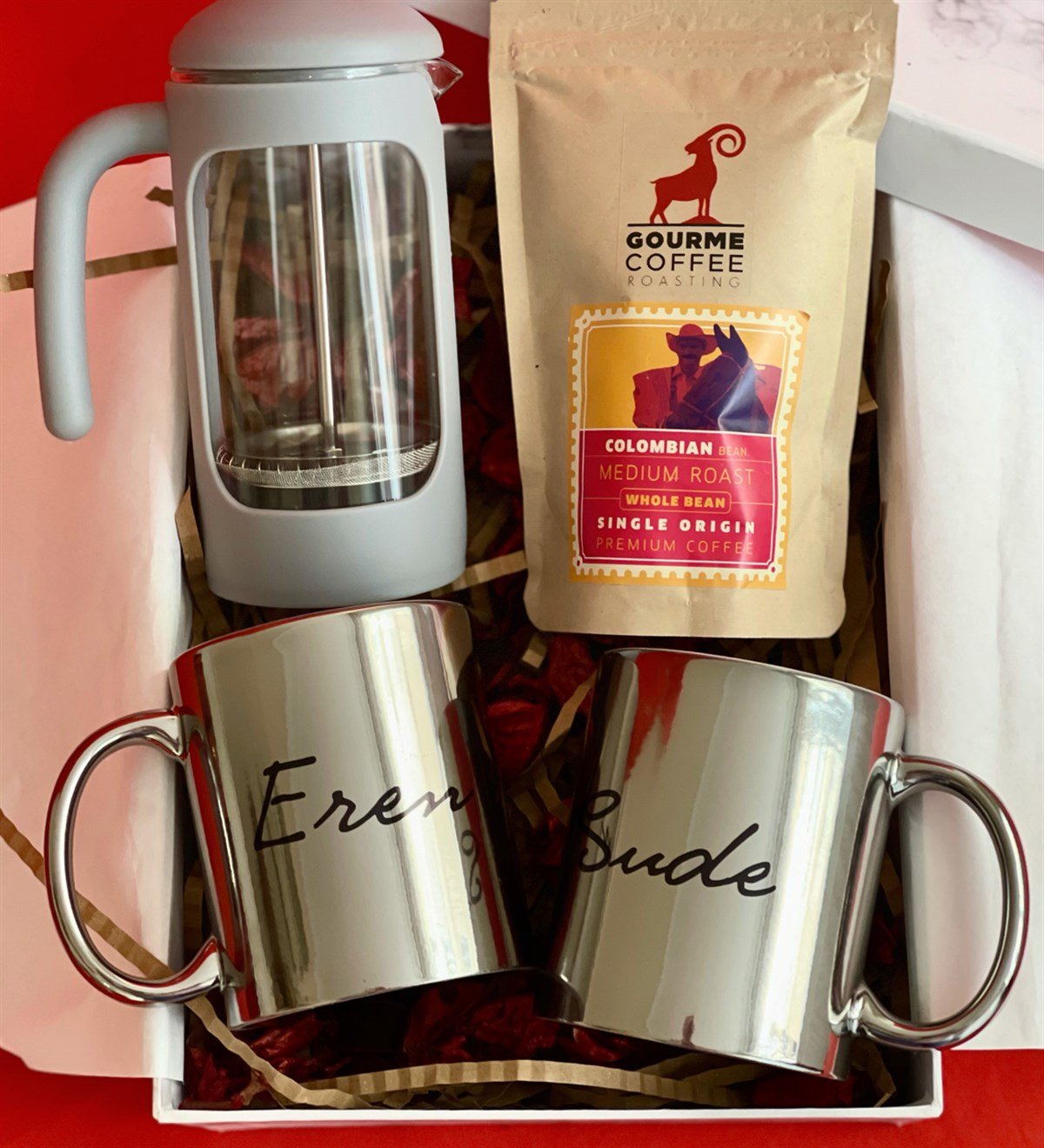 Kişiye Özel Çift Gümüş Kupa French Press & Filitre Kahve Sevgiliye Hediye SetiGiftmoda Gmhs100333