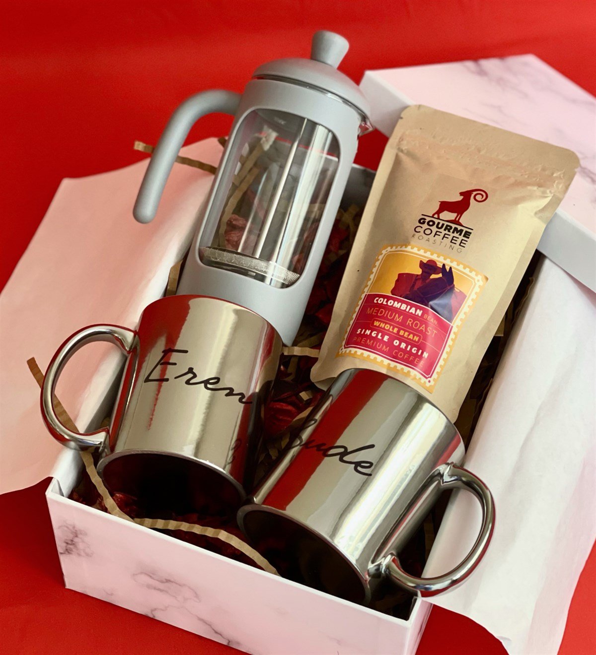 Kişiye Özel Çift Gümüş Kupa French Press & Filitre Kahve Sevgiliye Hediye SetiGiftmoda Gmhs100333