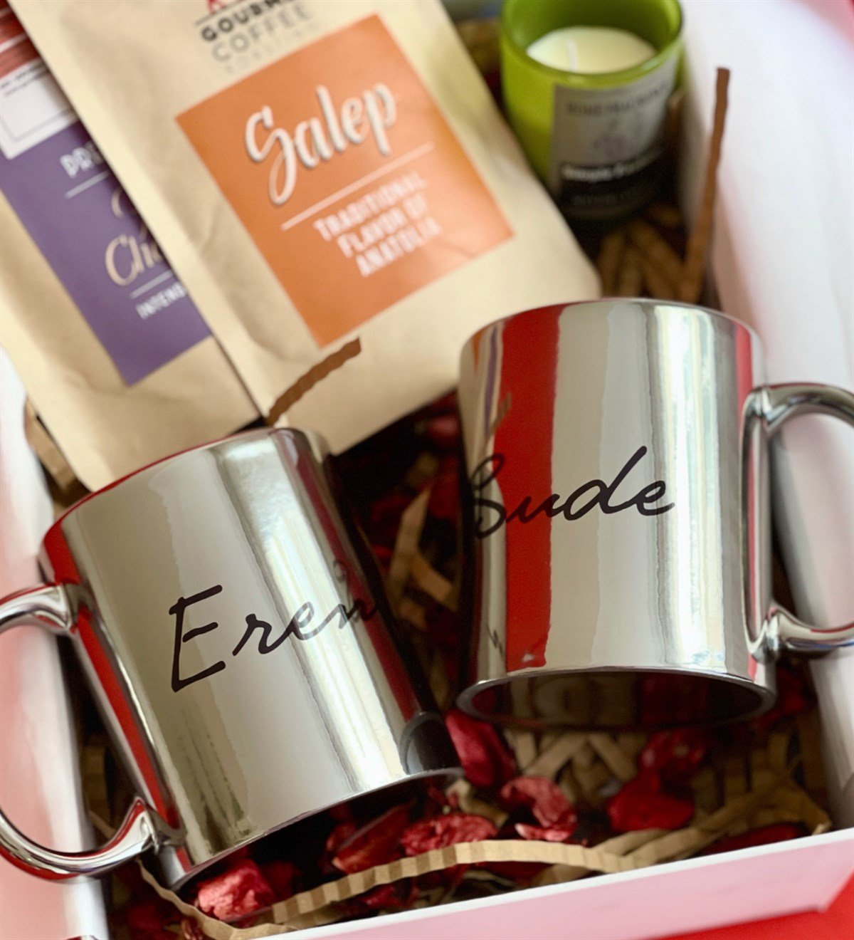 Kişiye Özel Çift Gümüş Kupa Sıcak Çikolata & Sahlep Sevgiliye Hediye Seti GiftmodaGmhs100336