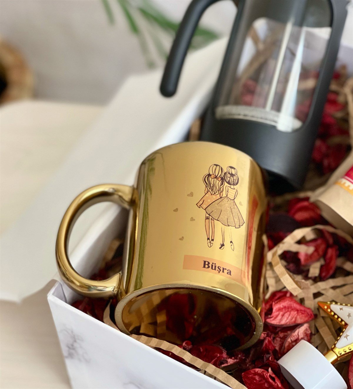 Kişiye Özel Kız Kardeş Gold Kupa French Press & Filitre Kahve Hediye SetiGiftmoda Gmhs100340